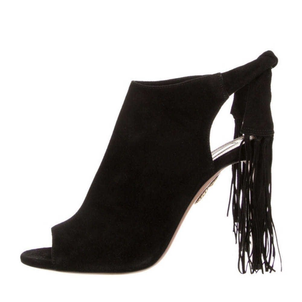 Aquazzura Black Suede Fringe Peep Toe Booties Heels 40